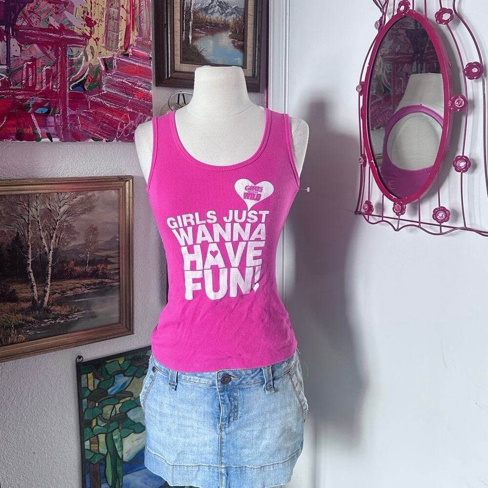 la camilia pink ribbed girls just wanna have fun graphic tank top